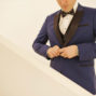 blue tuxedo for the groom elopement in santorini